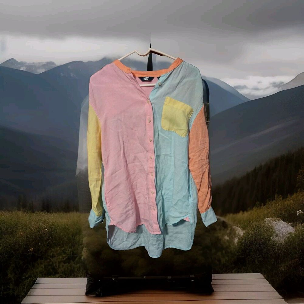 Lands' End Women's Sz L/P 14-16 100% Linen‎ Pastel Multi Colorblock Sleeve Shirt